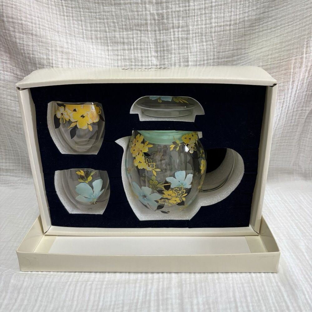 Vintage Cypress Refresh Glass Teapot Infuser 2 Double Wall Cups HandPainted NIOB